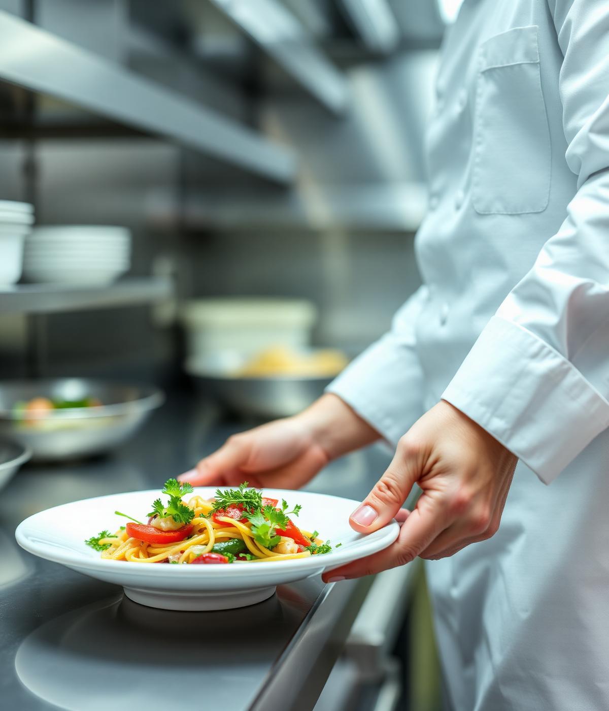 Chef plating a healthy meal in a professional kitchen