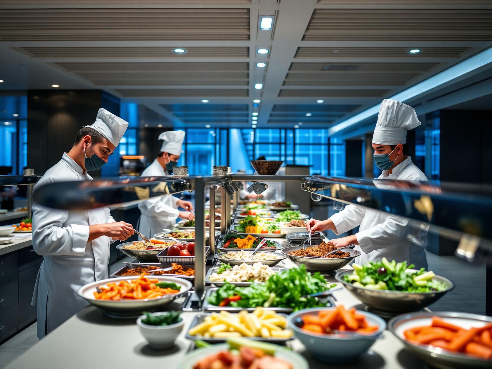 Professional chefs serving a corporate catering buffet