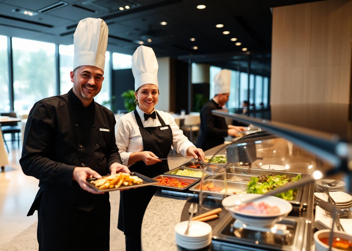 Professional catering staff serving corporate lunch